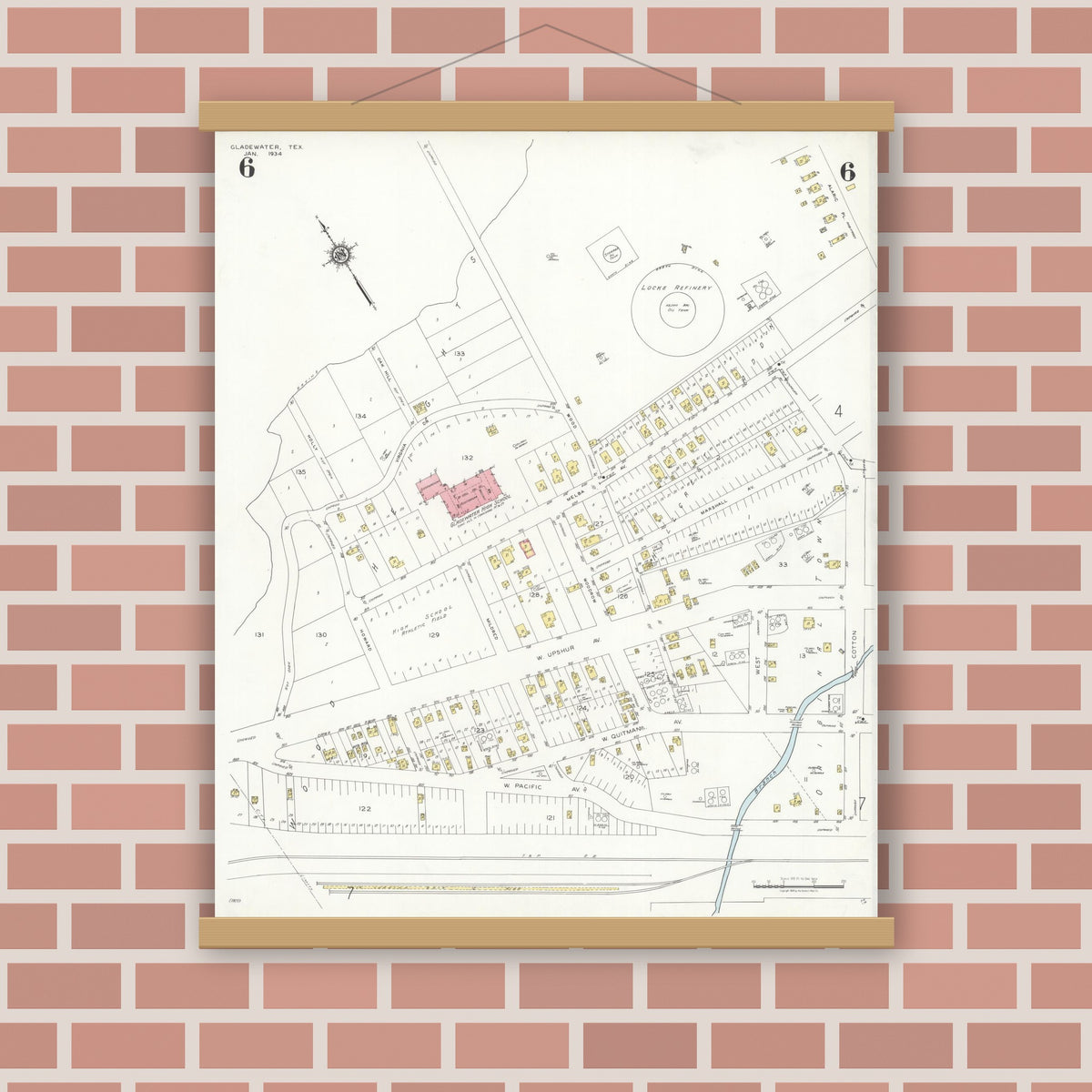Old map wall art mockup — magnetic wood frame on brick wall — Sanborn Fire Insurance Map from Gladewater, Gregg County, Texas (1934), Sheet #0006