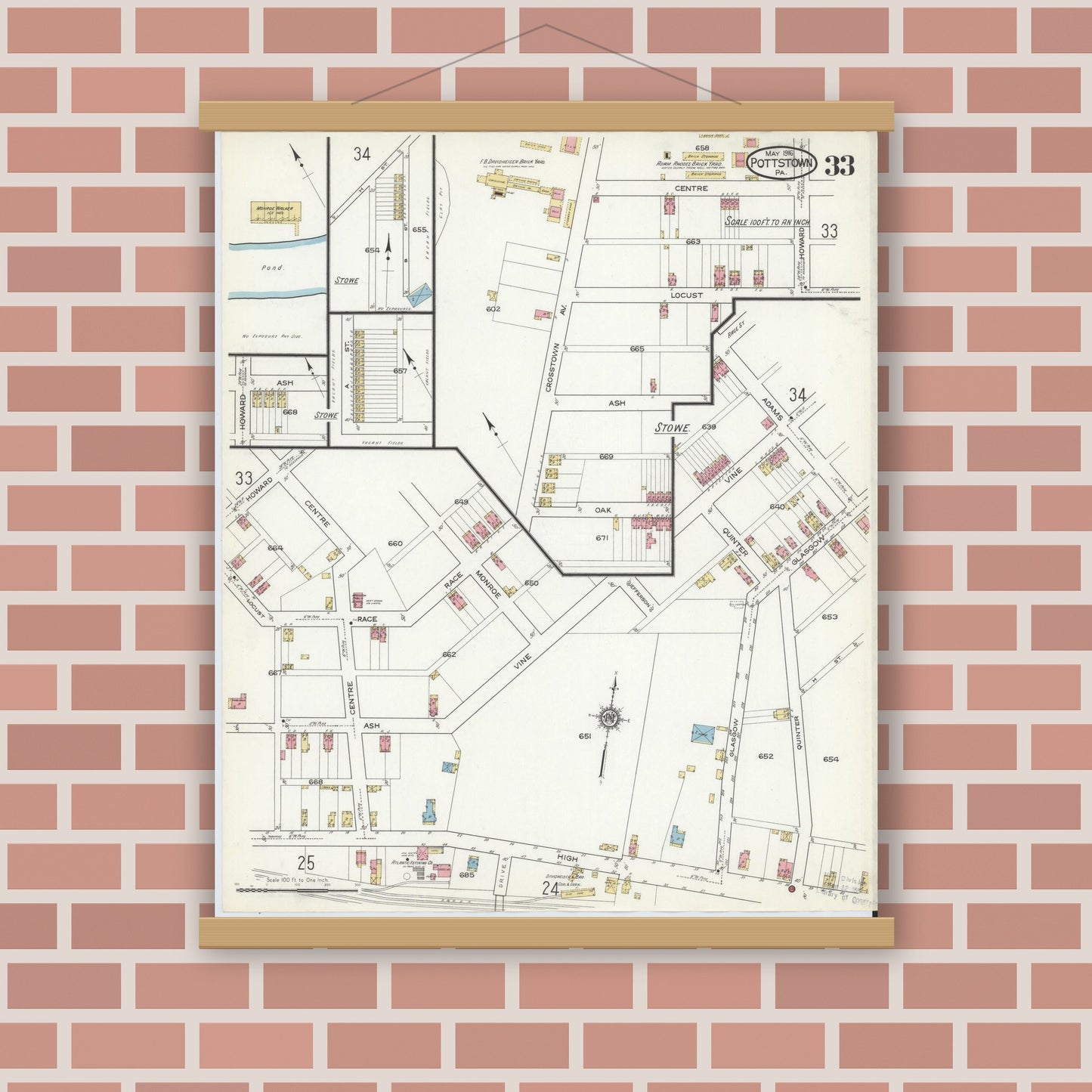 Old map wall art mockup — magnetic wood frame on brick wall — Sanborn Fire Insurance Map from Pottstown, Montgomery County, Pennsylvania (1916), Sheet #0033