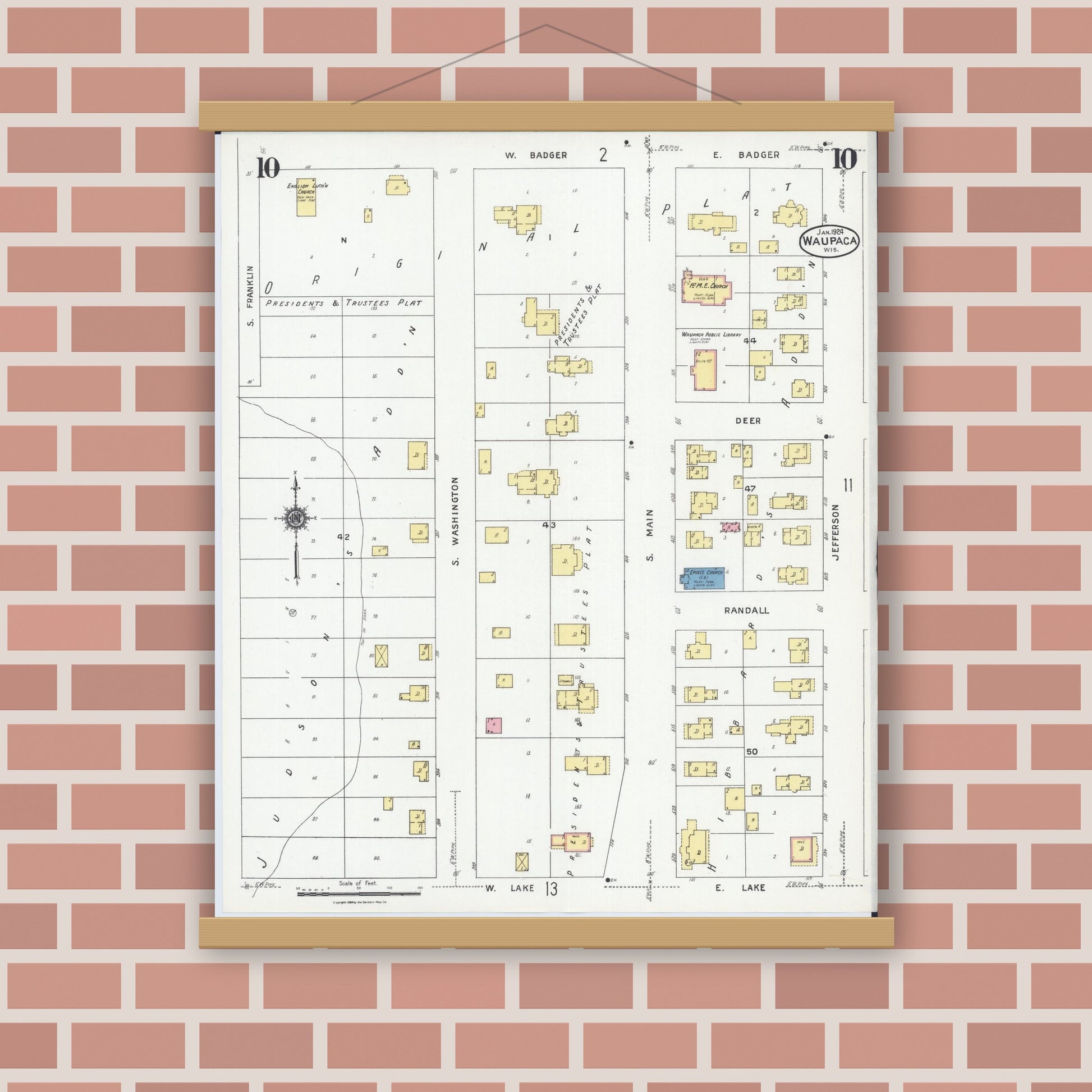 Old map wall art mockup — magnetic wood frame on brick wall — Sanborn Fire Insurance Map from Waupaca, Waupaca County, Wisconsin (1924), Sheet #0010