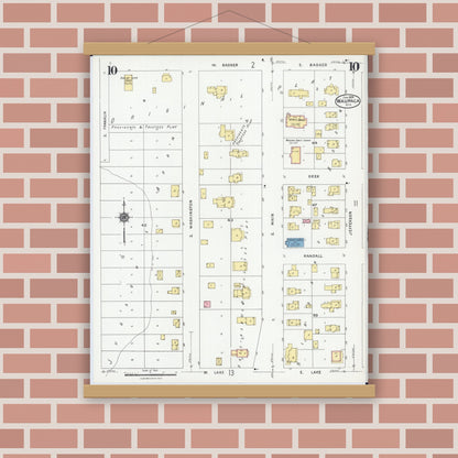 Old map wall art mockup — magnetic wood frame on brick wall — Sanborn Fire Insurance Map from Waupaca, Waupaca County, Wisconsin (1924), Sheet #0010