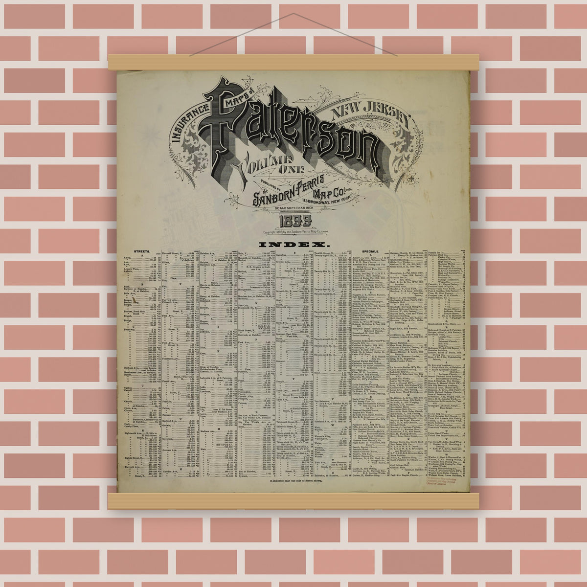 Old map wall art mockup — magnetic wood frame on brick wall — Sanborn Fire Insurance Map from Paterson, Passaic County, New Jersey (1899), Sheet #0001