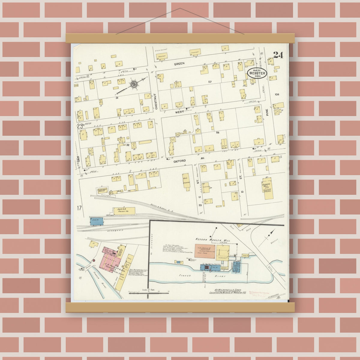 Old map wall art mockup — magnetic wood frame on brick wall — Sanborn Fire Insurance Map from Webster, Worcester County, Massachusetts (1911), Sheet #0024