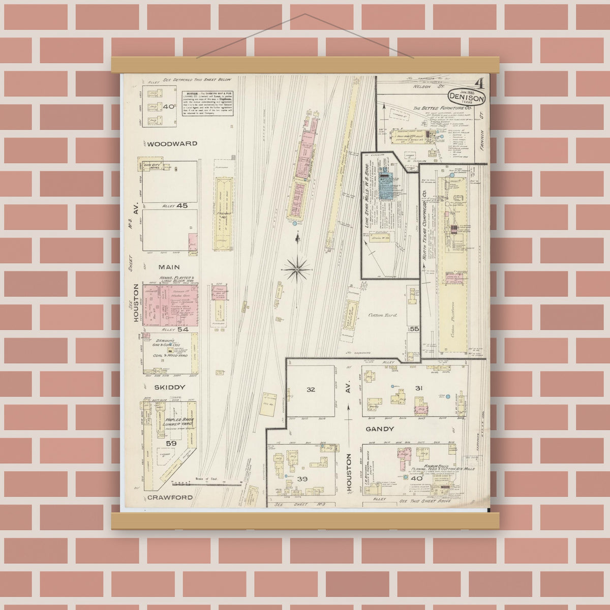 Old map wall art mockup — magnetic wood frame on brick wall — Sanborn Fire Insurance Map from Denison, Grayson County, Texas (1885), Sheet #0004