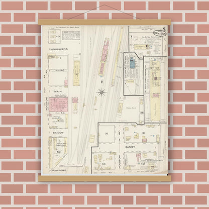 Old map wall art mockup — magnetic wood frame on brick wall — Sanborn Fire Insurance Map from Denison, Grayson County, Texas (1885), Sheet #0004