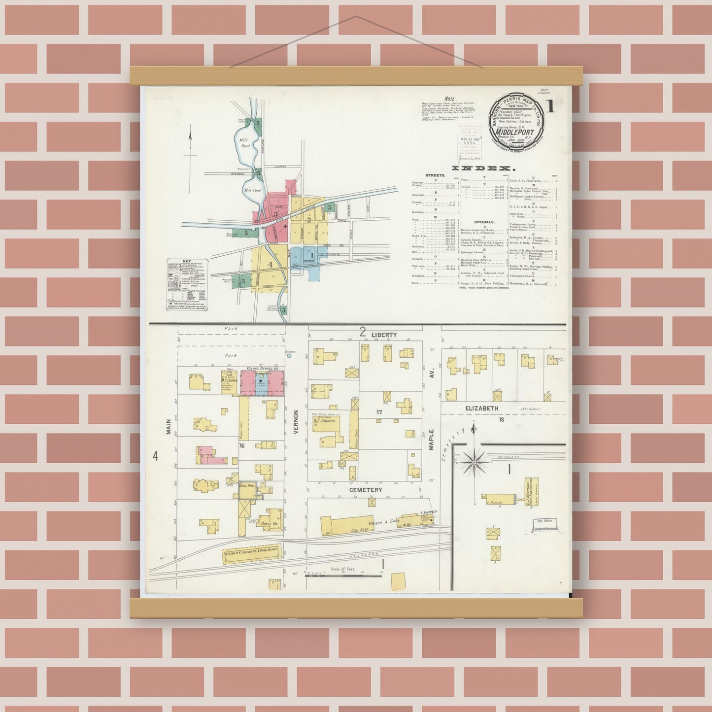 Old map wall art mockup — magnetic wood frame on brick wall — Sanborn Fire Insurance Map from Middleport, Niagara County, New York (1900), Sheet #0001
