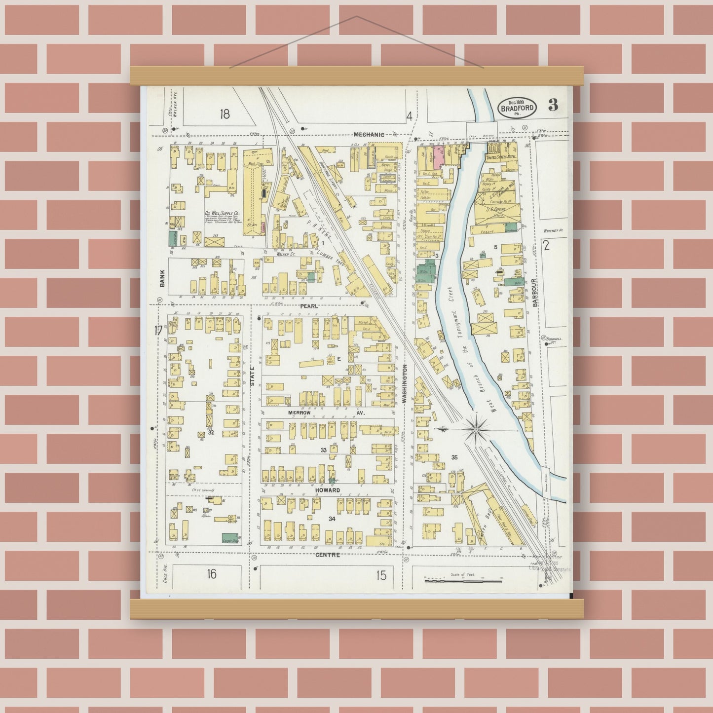 Old map wall art mockup — magnetic wood frame on brick wall — Sanborn Fire Insurance Map from Bradford, McKean County, Pennsylvania (1899), Sheet #0003