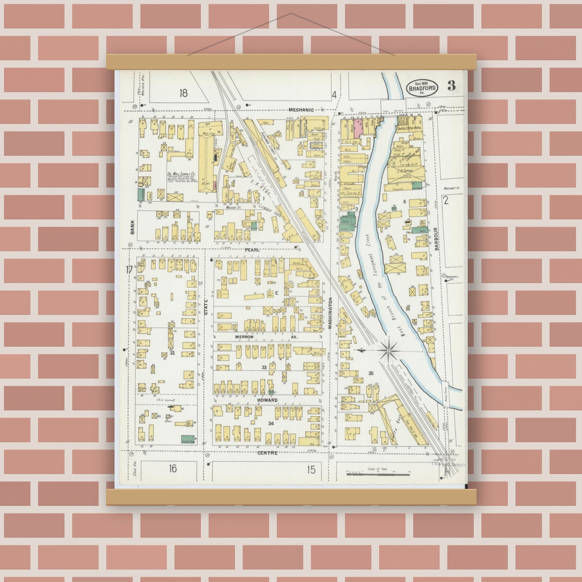 Old map wall art mockup — magnetic wood frame on brick wall — Sanborn Fire Insurance Map from Bradford, McKean County, Pennsylvania (1899), Sheet #0003