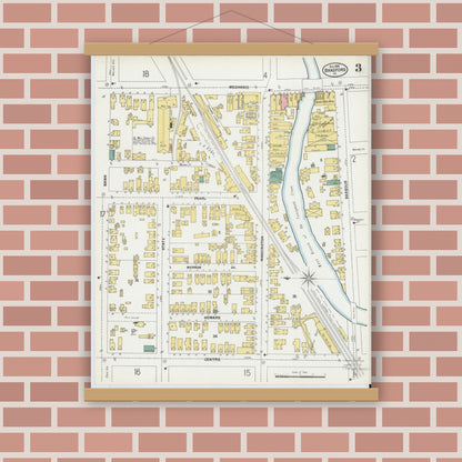 Old map wall art mockup — magnetic wood frame on brick wall — Sanborn Fire Insurance Map from Bradford, McKean County, Pennsylvania (1899), Sheet #0003