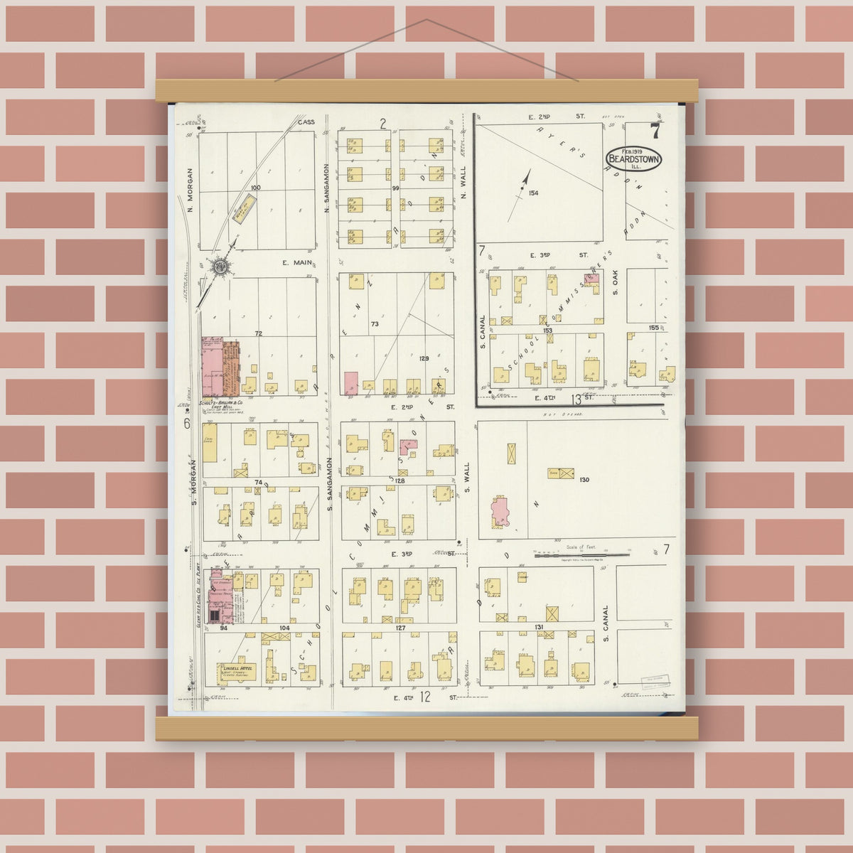 Old map wall art mockup — magnetic wood frame on brick wall — Sanborn Fire Insurance Map from Beardstown, Cass County, Illinois (1919), Sheet #0007