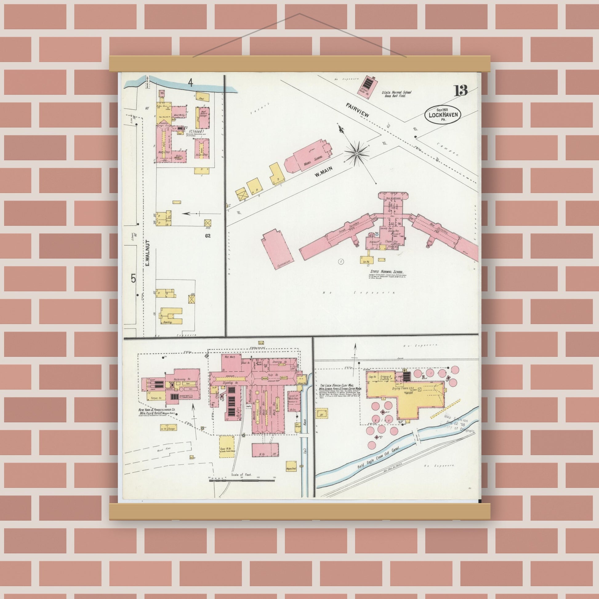 Old map wall art mockup — magnetic wood frame on brick wall — Sanborn Fire Insurance Map from Lock Haven, Clinton County, Pennsylvania (1901), Sheet #0013