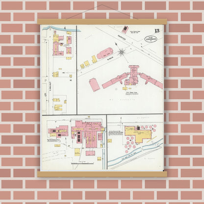 Old map wall art mockup — magnetic wood frame on brick wall — Sanborn Fire Insurance Map from Lock Haven, Clinton County, Pennsylvania (1901), Sheet #0013