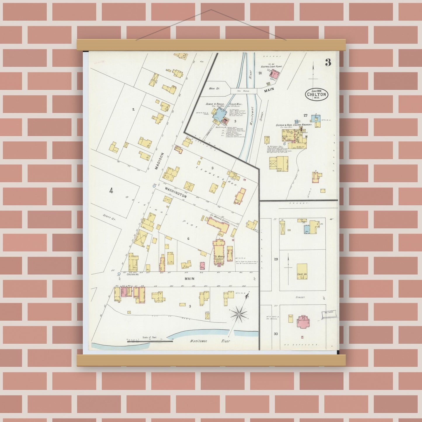 Old map wall art mockup — magnetic wood frame on brick wall — Sanborn Fire Insurance Map from Chilton, Calumet County, Wisconsin (1898), Sheet #0003
