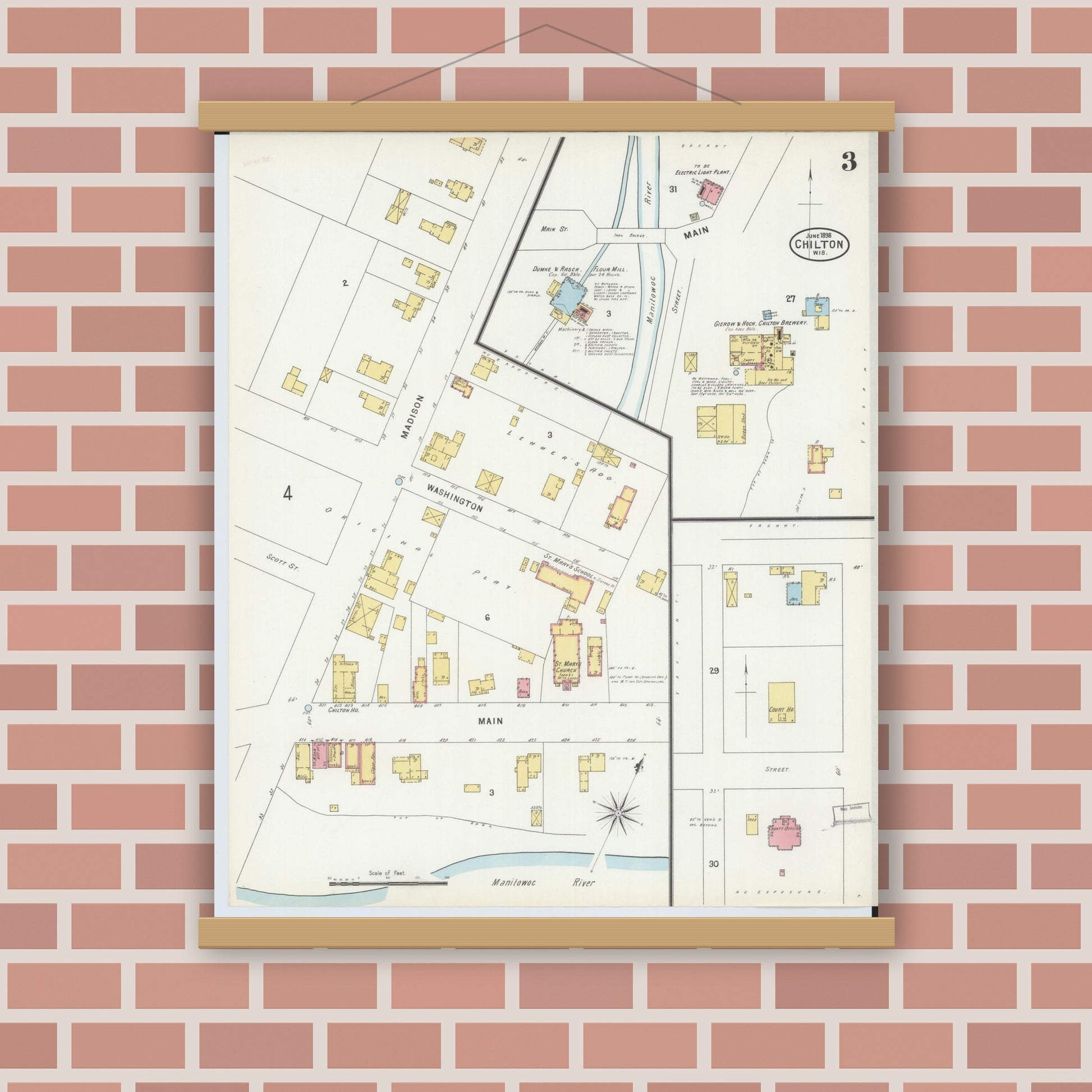Old map wall art mockup — magnetic wood frame on brick wall — Sanborn Fire Insurance Map from Chilton, Calumet County, Wisconsin (1898), Sheet #0003