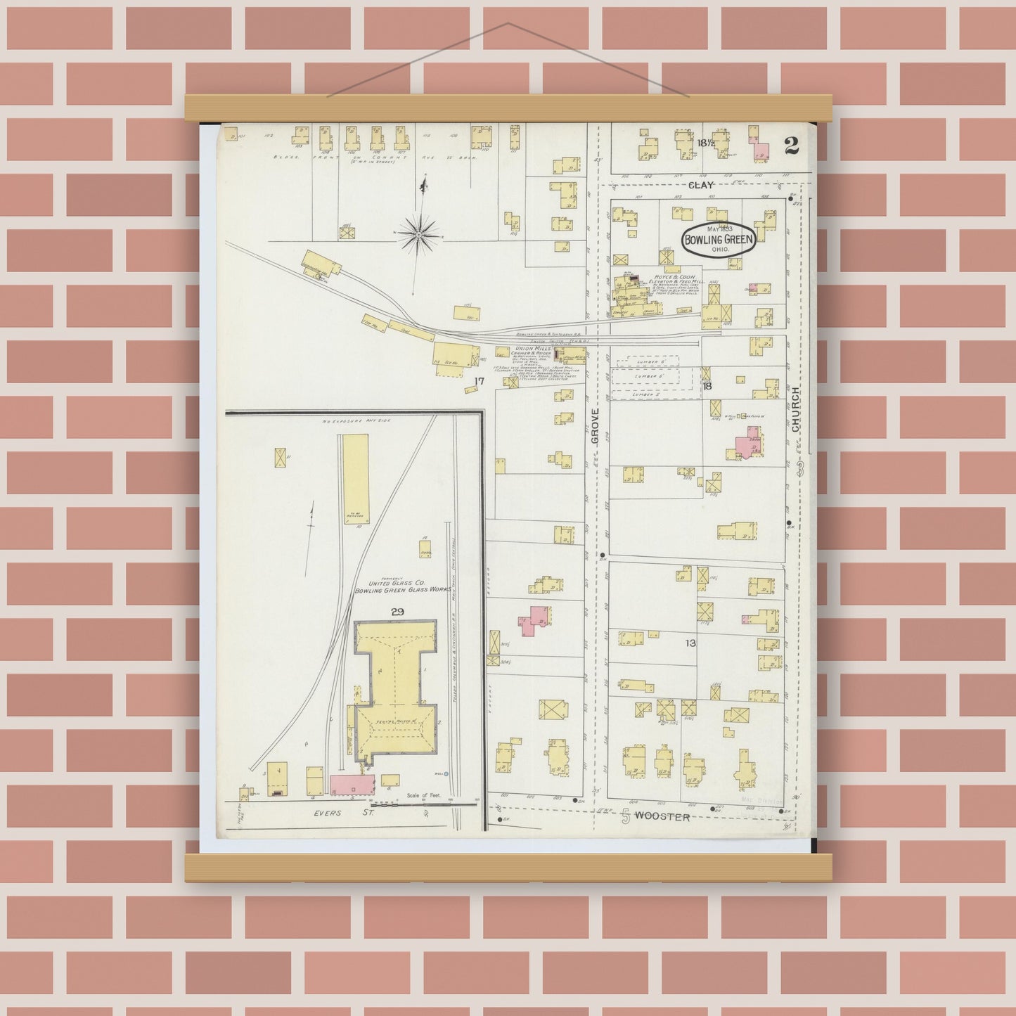 Old map wall art mockup — magnetic wood frame on brick wall — Sanborn Fire Insurance Map from Bowling Green, Wood County, Ohio (1893), Sheet #0002