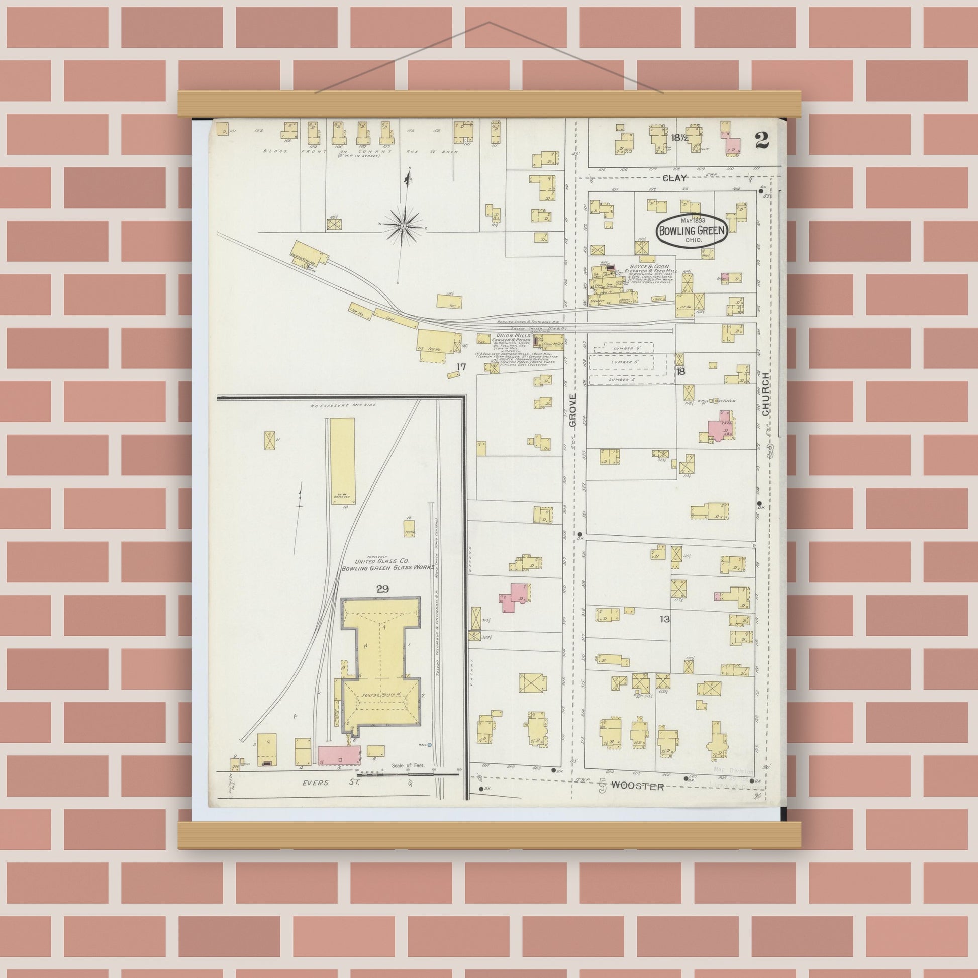 Old map wall art mockup — magnetic wood frame on brick wall — Sanborn Fire Insurance Map from Bowling Green, Wood County, Ohio (1893), Sheet #0002