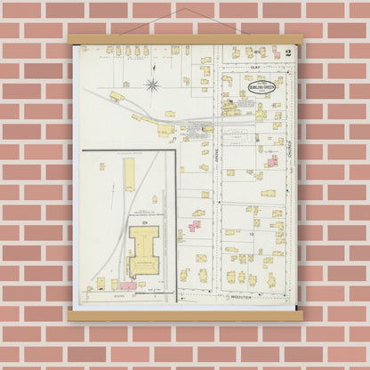 Old map wall art mockup — magnetic wood frame on brick wall — Sanborn Fire Insurance Map from Bowling Green, Wood County, Ohio (1893), Sheet #0002
