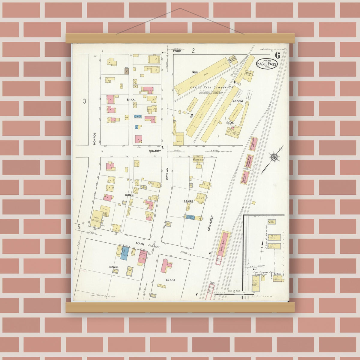 Old map wall art mockup — magnetic wood frame on brick wall — Sanborn Fire Insurance Map from Eagle Pass, Maverick County, Texas (1916), Sheet #0006