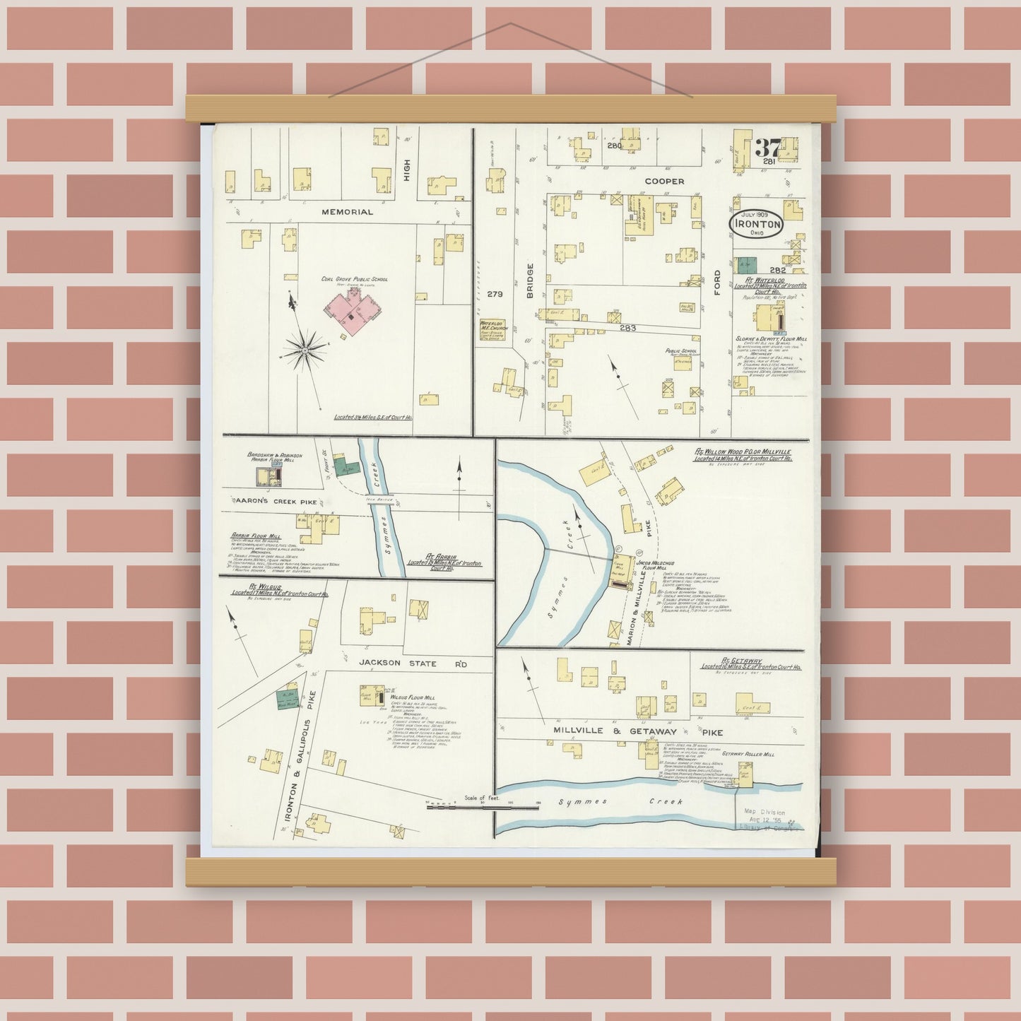 Old map wall art mockup — magnetic wood frame on brick wall — Sanborn Fire Insurance Map from Ironton, Lawrence County, Ohio (1909), Sheet #0037
