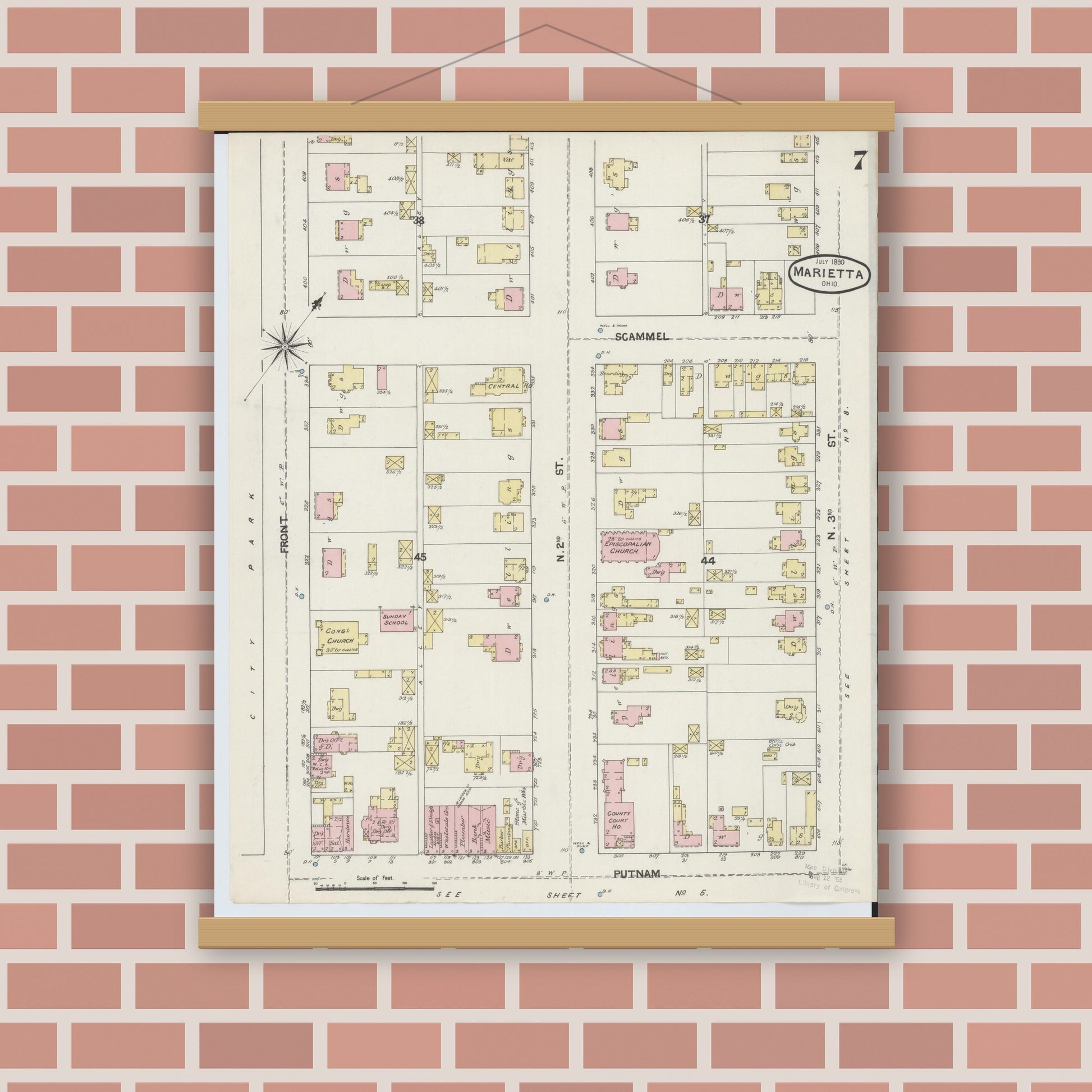 Old map wall art mockup — magnetic wood frame on brick wall — Sanborn Fire Insurance Map from Marietta, Washington County, Ohio (1890), Sheet #0007