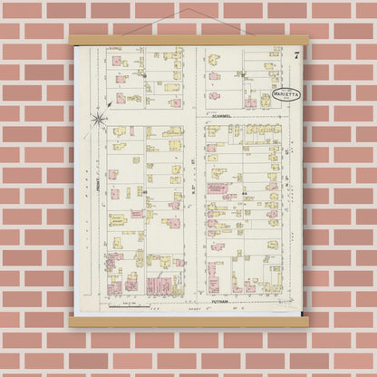 Old map wall art mockup — magnetic wood frame on brick wall — Sanborn Fire Insurance Map from Marietta, Washington County, Ohio (1890), Sheet #0007