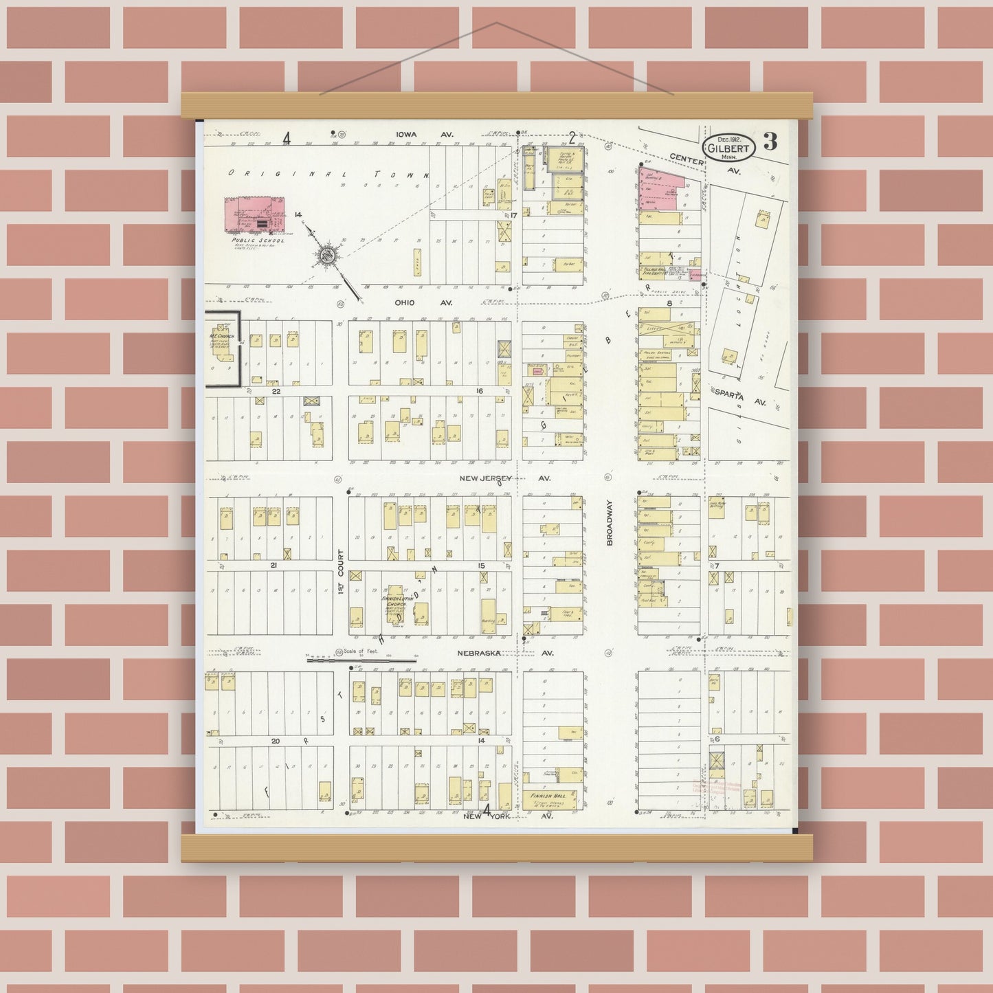 Old map wall art mockup — magnetic wood frame on brick wall — Sanborn Fire Insurance Map from Gilbert, Saint Louis County, Minnesota (1912), Sheet #0003
