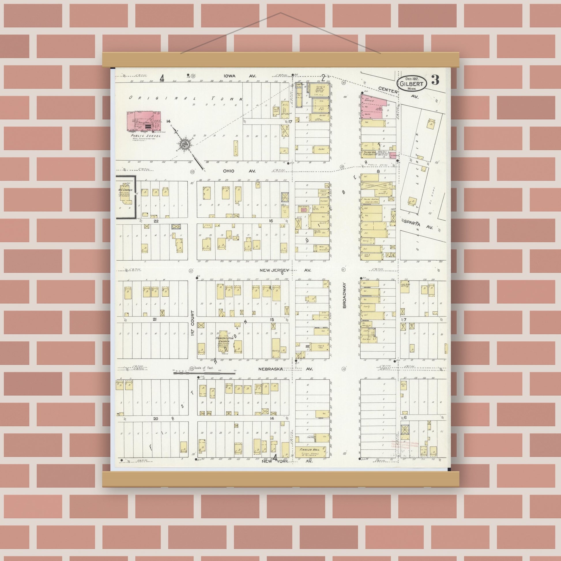 Old map wall art mockup — magnetic wood frame on brick wall — Sanborn Fire Insurance Map from Gilbert, Saint Louis County, Minnesota (1912), Sheet #0003