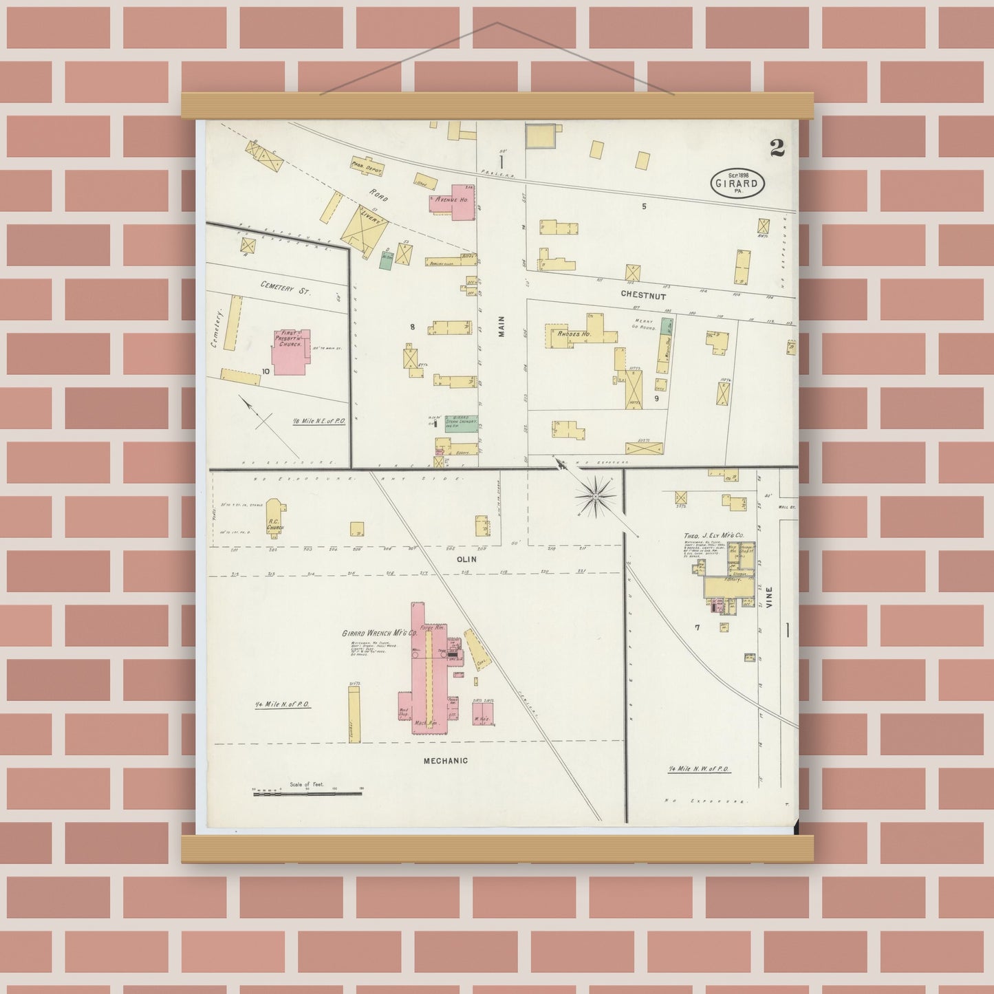 Old map wall art mockup — magnetic wood frame on brick wall — Sanborn Fire Insurance Map from Girard, Erie County, Pennsylvania (1898), Sheet #0002