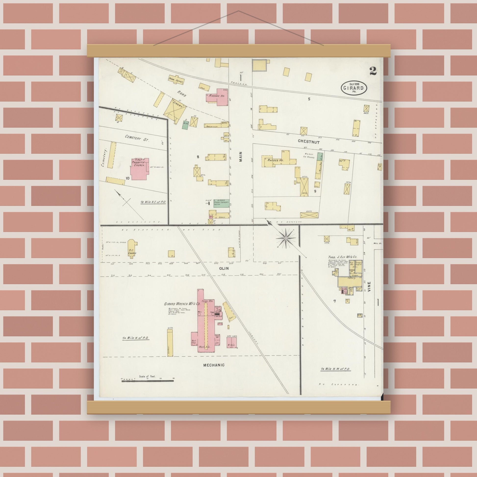 Old map wall art mockup — magnetic wood frame on brick wall — Sanborn Fire Insurance Map from Girard, Erie County, Pennsylvania (1898), Sheet #0002
