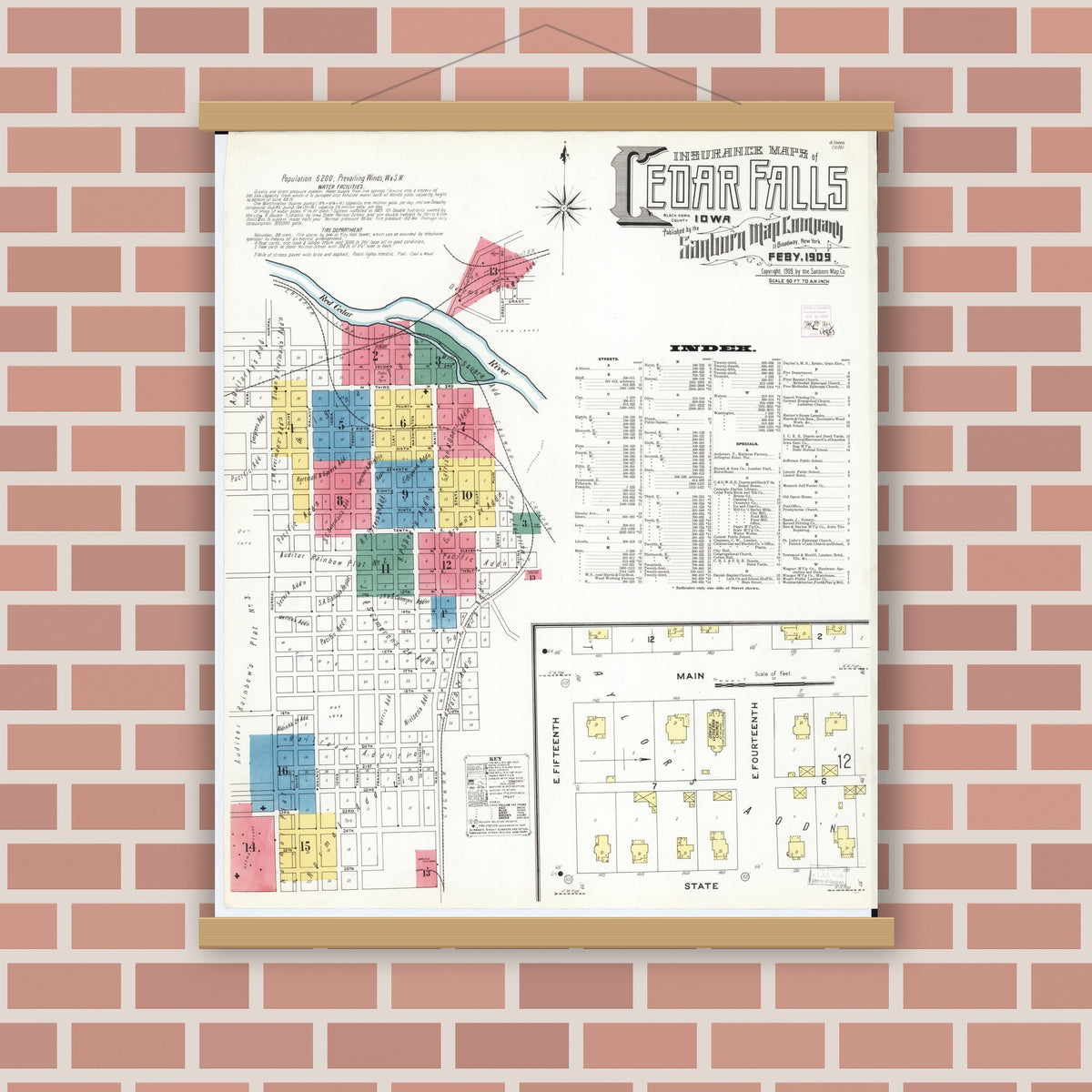 Old map wall art mockup — magnetic wood frame on brick wall — Sanborn Fire Insurance Map from Cedar Falls, Black Hawk County, Iowa (1909), Sheet #0001