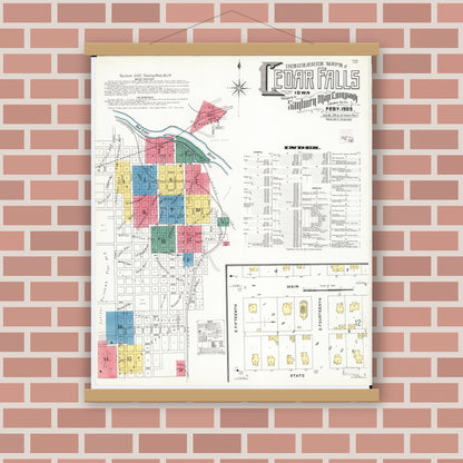 Old map wall art mockup — magnetic wood frame on brick wall — Sanborn Fire Insurance Map from Cedar Falls, Black Hawk County, Iowa (1909), Sheet #0001