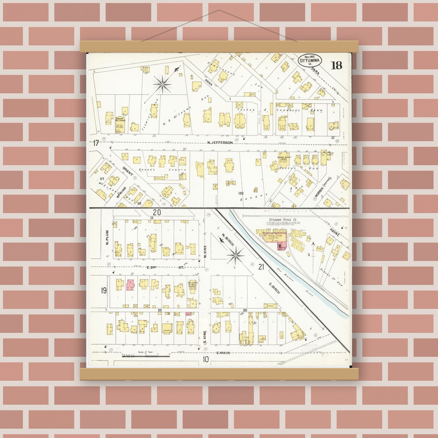 Old map wall art mockup — magnetic wood frame on brick wall — Sanborn Fire Insurance Map from Ottumwa, Wapello County, Iowa (1902), Sheet #0018