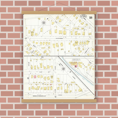 Old map wall art mockup — magnetic wood frame on brick wall — Sanborn Fire Insurance Map from Ottumwa, Wapello County, Iowa (1902), Sheet #0018