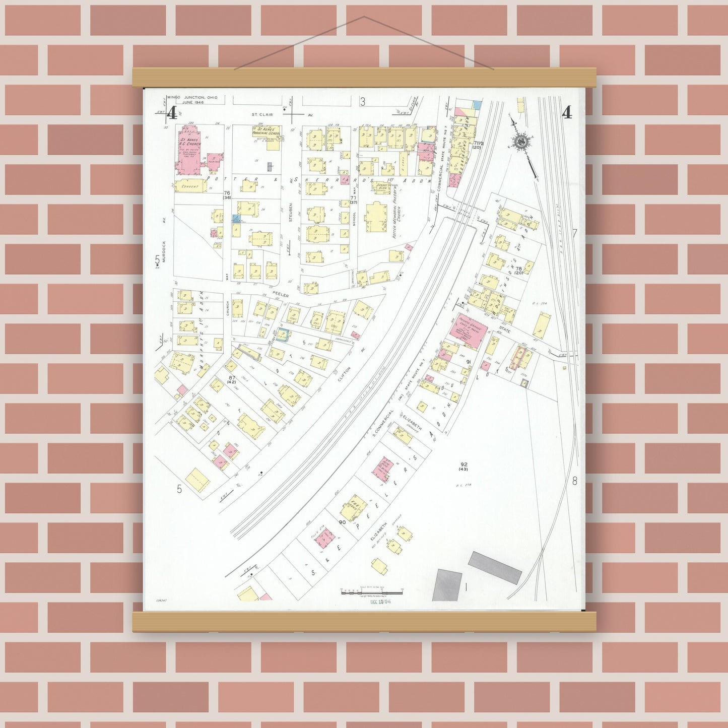 Old map wall art mockup — magnetic wood frame on brick wall — Sanborn Fire Insurance Map from Mingo Junction, Jefferson County, Ohio (1946), Sheet #0004