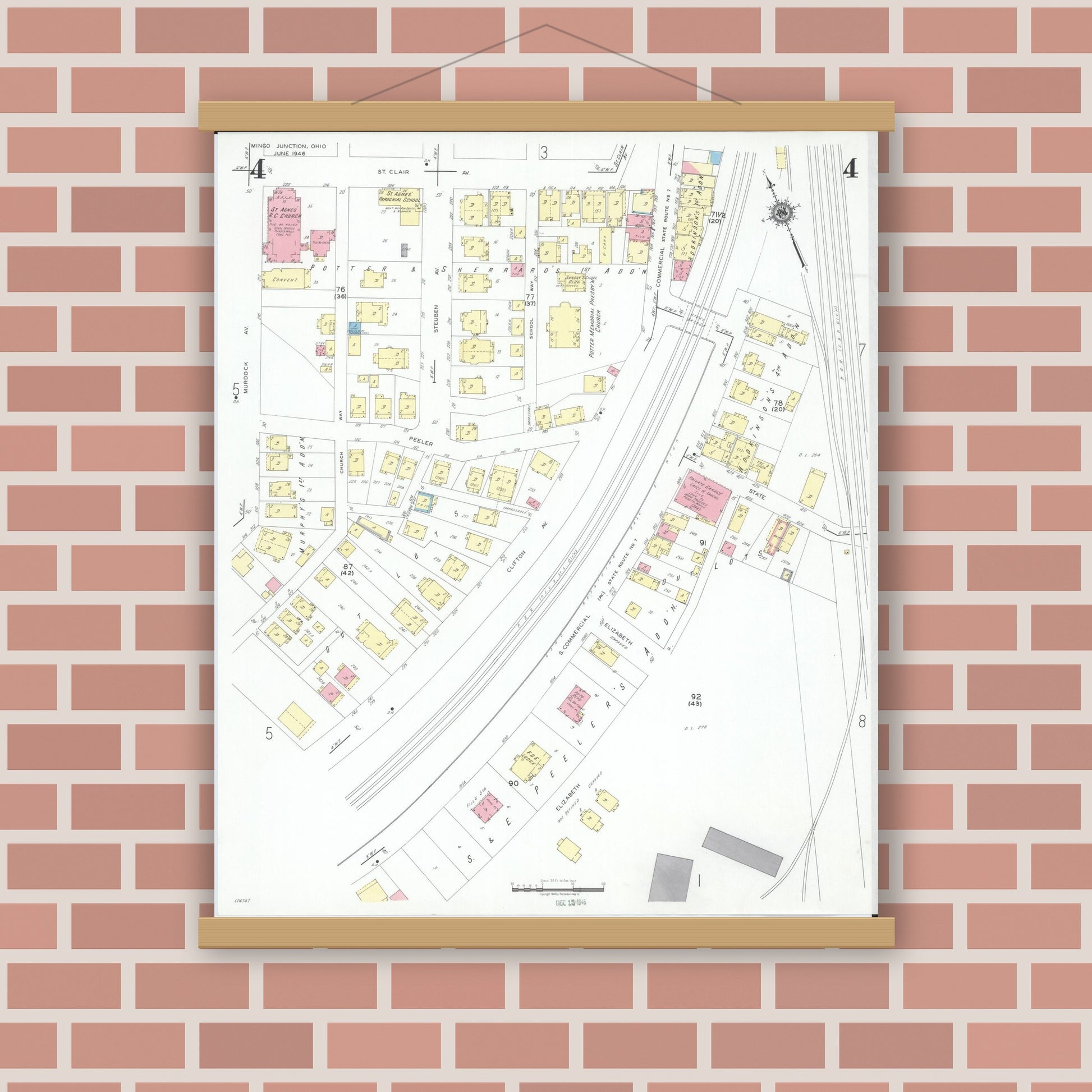 Old map wall art mockup — magnetic wood frame on brick wall — Sanborn Fire Insurance Map from Mingo Junction, Jefferson County, Ohio (1946), Sheet #0004