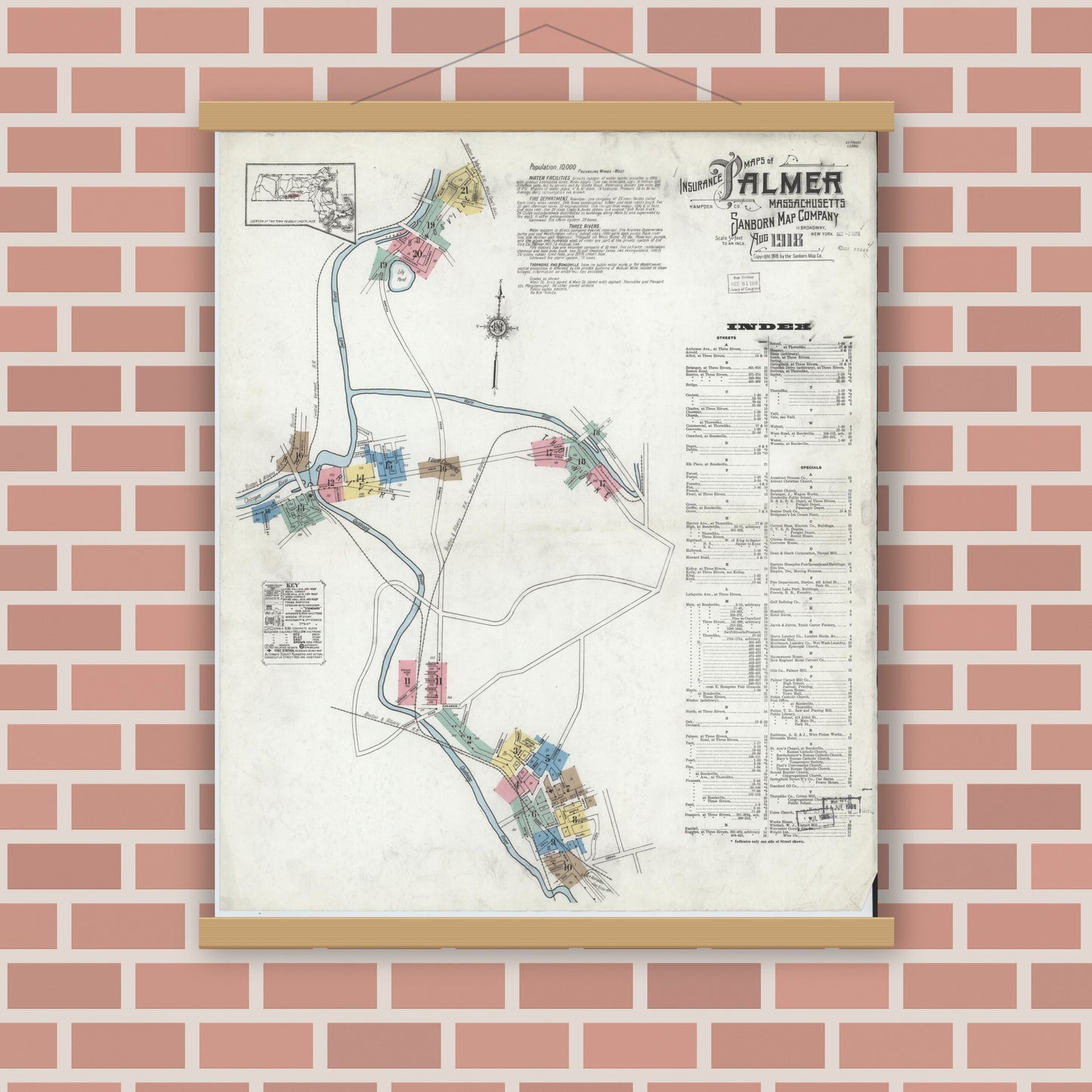 Old map wall art mockup — magnetic wood frame on brick wall — Sanborn Fire Insurance Map from Palmer, Hampden County, Massachusetts (1918) - Complete Map Set