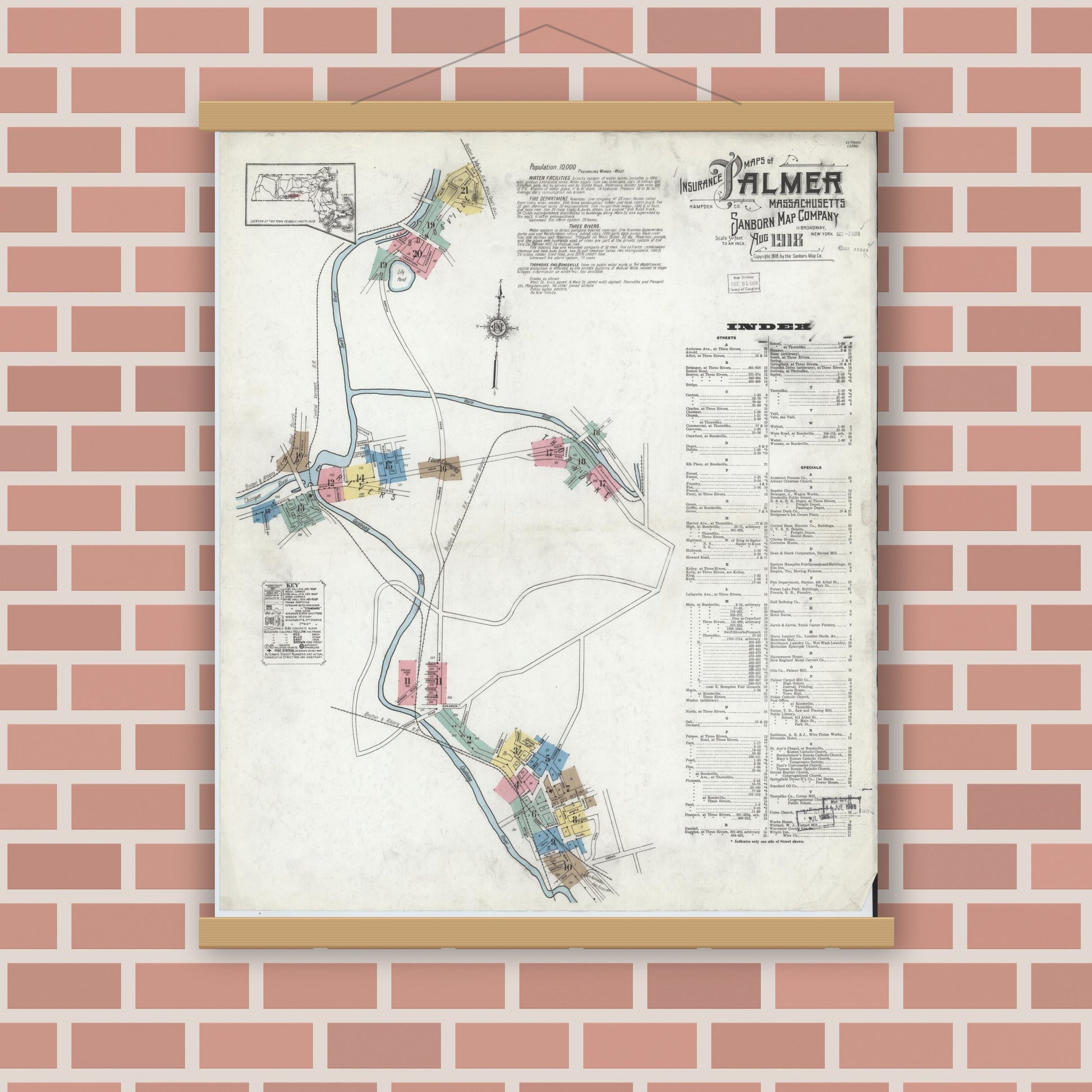 Old map wall art mockup — magnetic wood frame on brick wall — Sanborn Fire Insurance Map from Palmer, Hampden County, Massachusetts (1918) - Complete Map Set