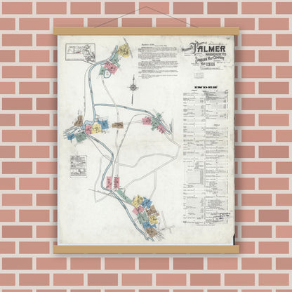 Old map wall art mockup — magnetic wood frame on brick wall — Sanborn Fire Insurance Map from Palmer, Hampden County, Massachusetts (1918) - Complete Map Set