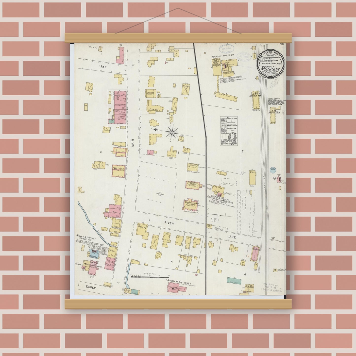 Old map wall art mockup — magnetic wood frame on brick wall — Sanborn Fire Insurance Map from Madison, Lake County, Ohio (1898), Sheet #0001