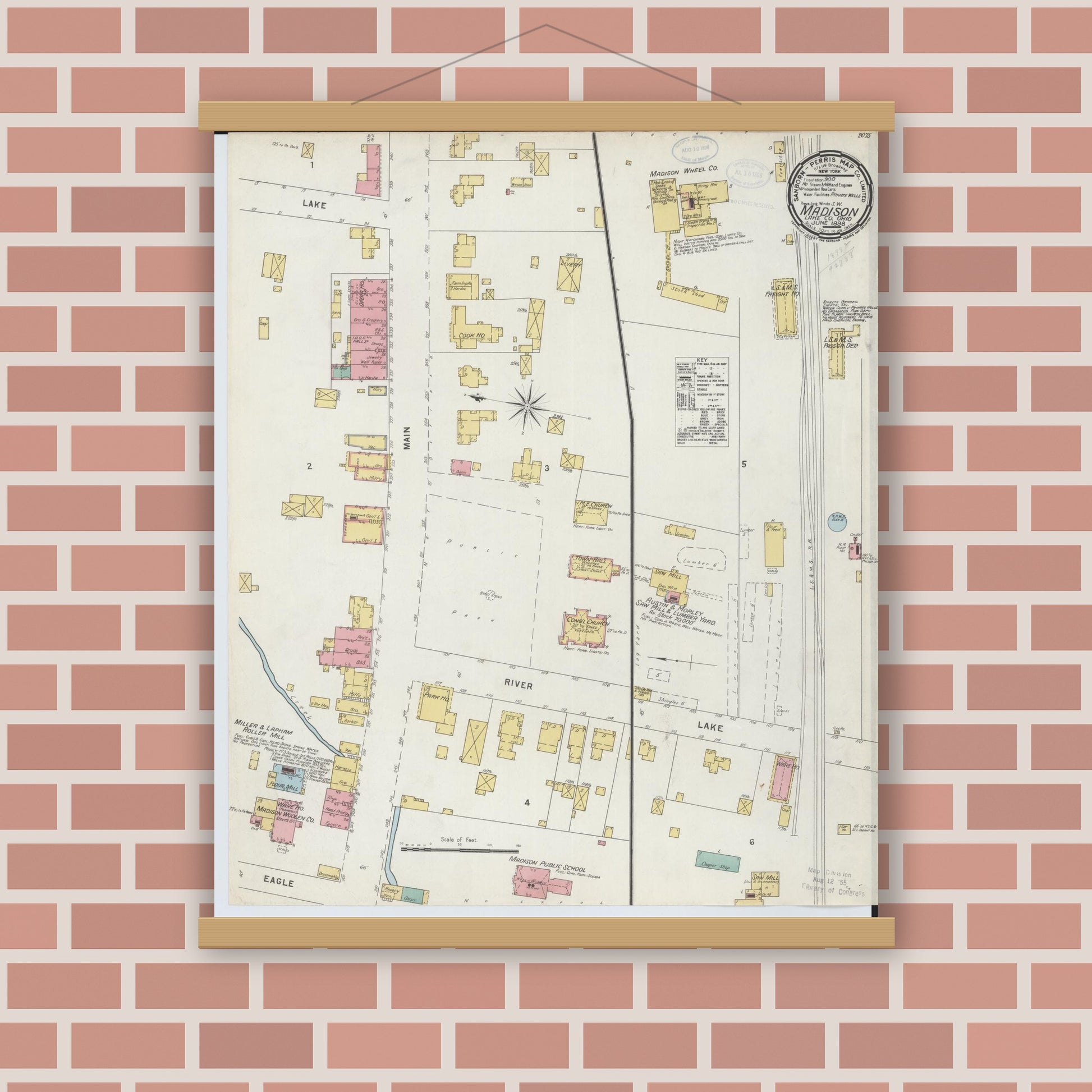 Old map wall art mockup — magnetic wood frame on brick wall — Sanborn Fire Insurance Map from Madison, Lake County, Ohio (1898), Sheet #0001