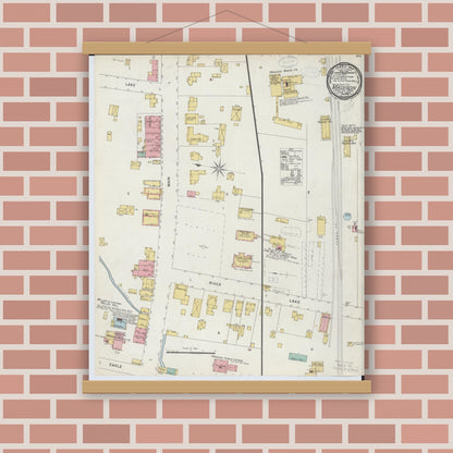 Old map wall art mockup — magnetic wood frame on brick wall — Sanborn Fire Insurance Map from Madison, Lake County, Ohio (1898), Sheet #0001