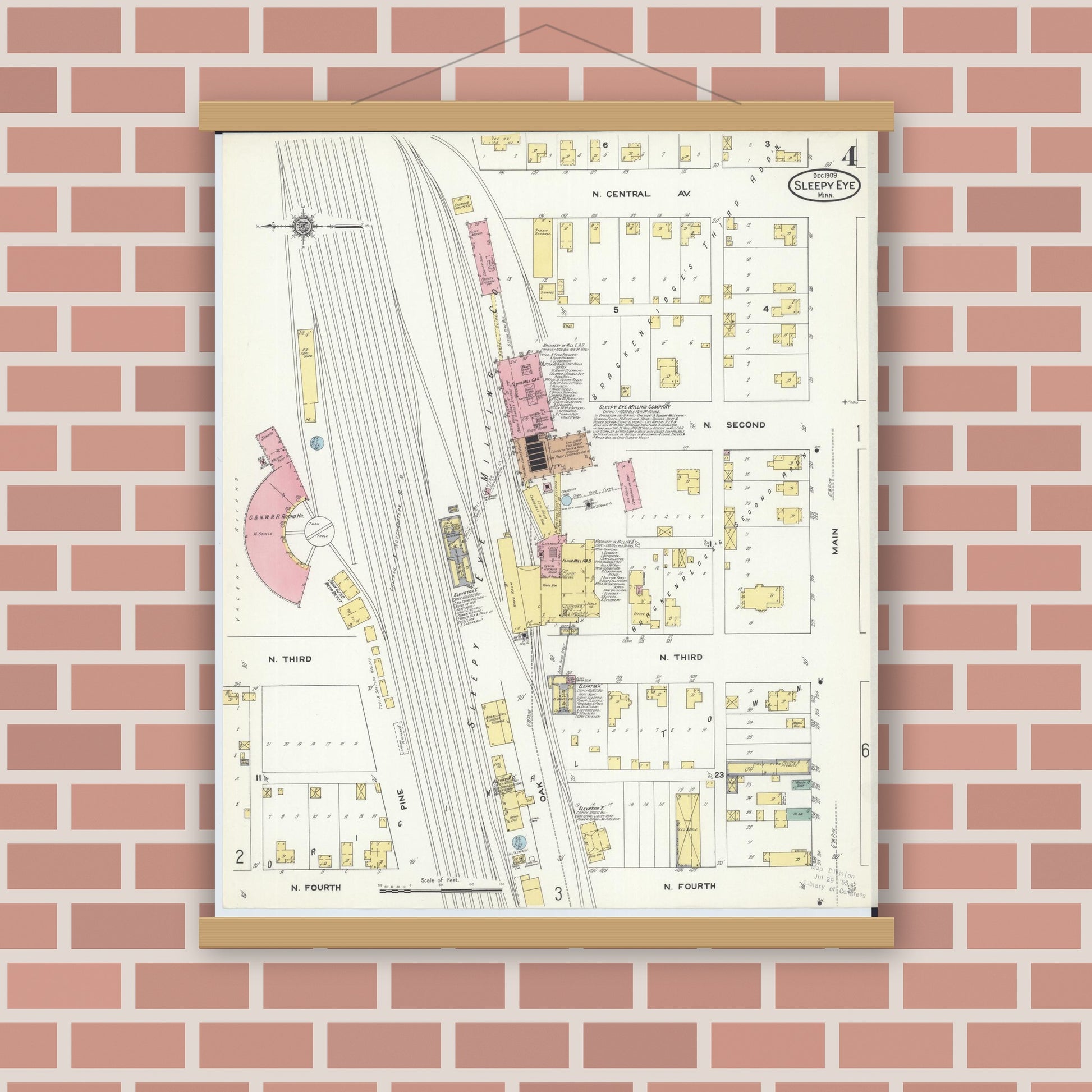 Old map wall art mockup — magnetic wood frame on brick wall — Sanborn Fire Insurance Map from Sleepy Eye, Brown County, Minnesota (1909), Sheet #0004