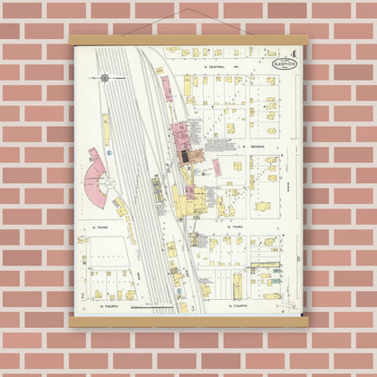 Old map wall art mockup — magnetic wood frame on brick wall — Sanborn Fire Insurance Map from Sleepy Eye, Brown County, Minnesota (1909), Sheet #0004