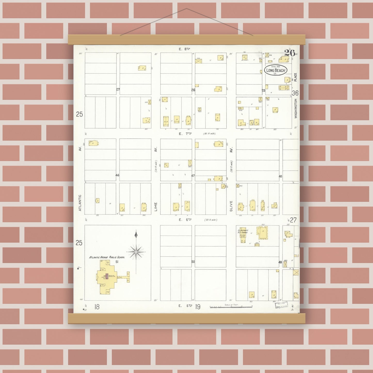Old map wall art mockup — magnetic wood frame on brick wall — Sanborn Fire Insurance Map from Long Beach, Los Angeles County, California (1905), Sheet #0026