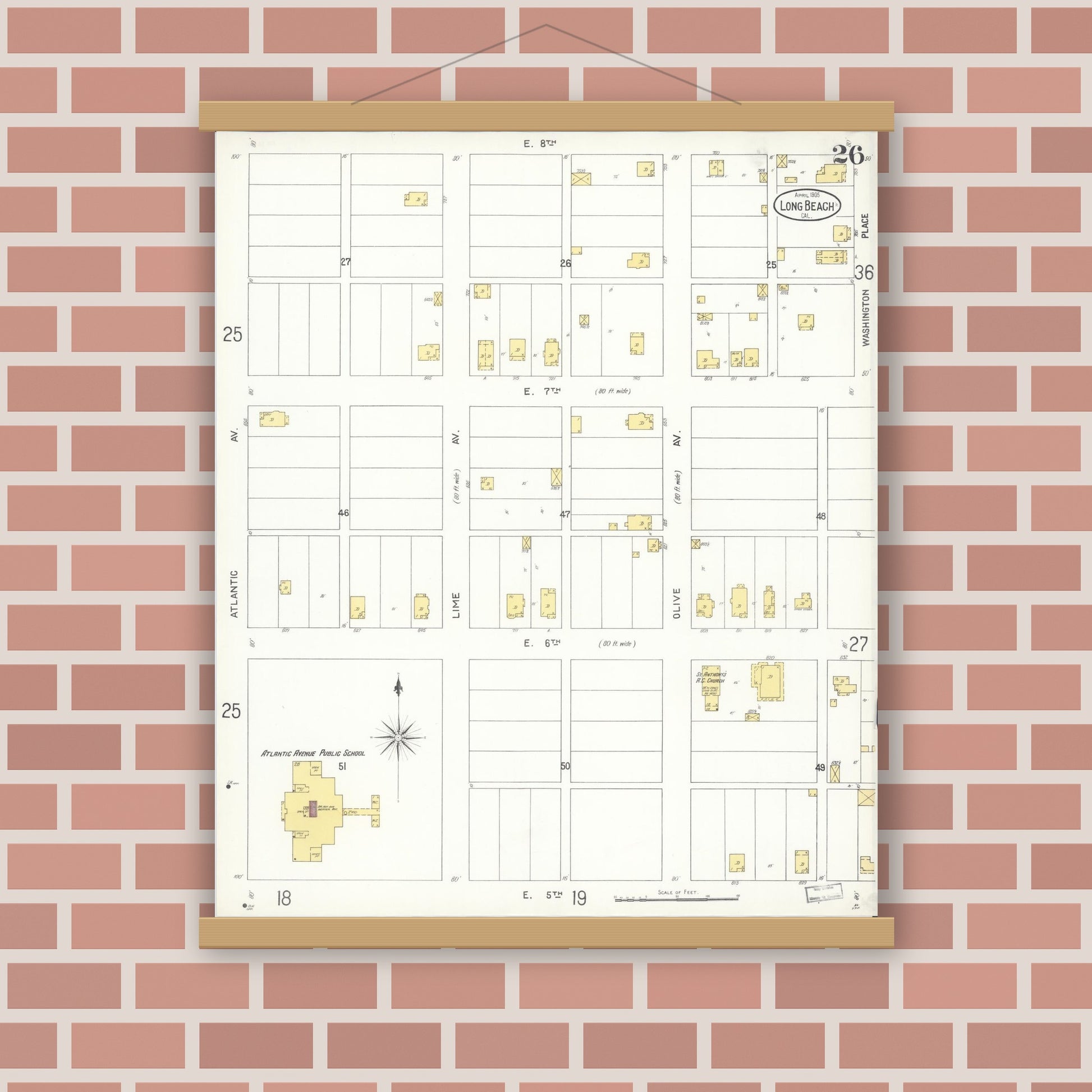 Old map wall art mockup — magnetic wood frame on brick wall — Sanborn Fire Insurance Map from Long Beach, Los Angeles County, California (1905), Sheet #0026
