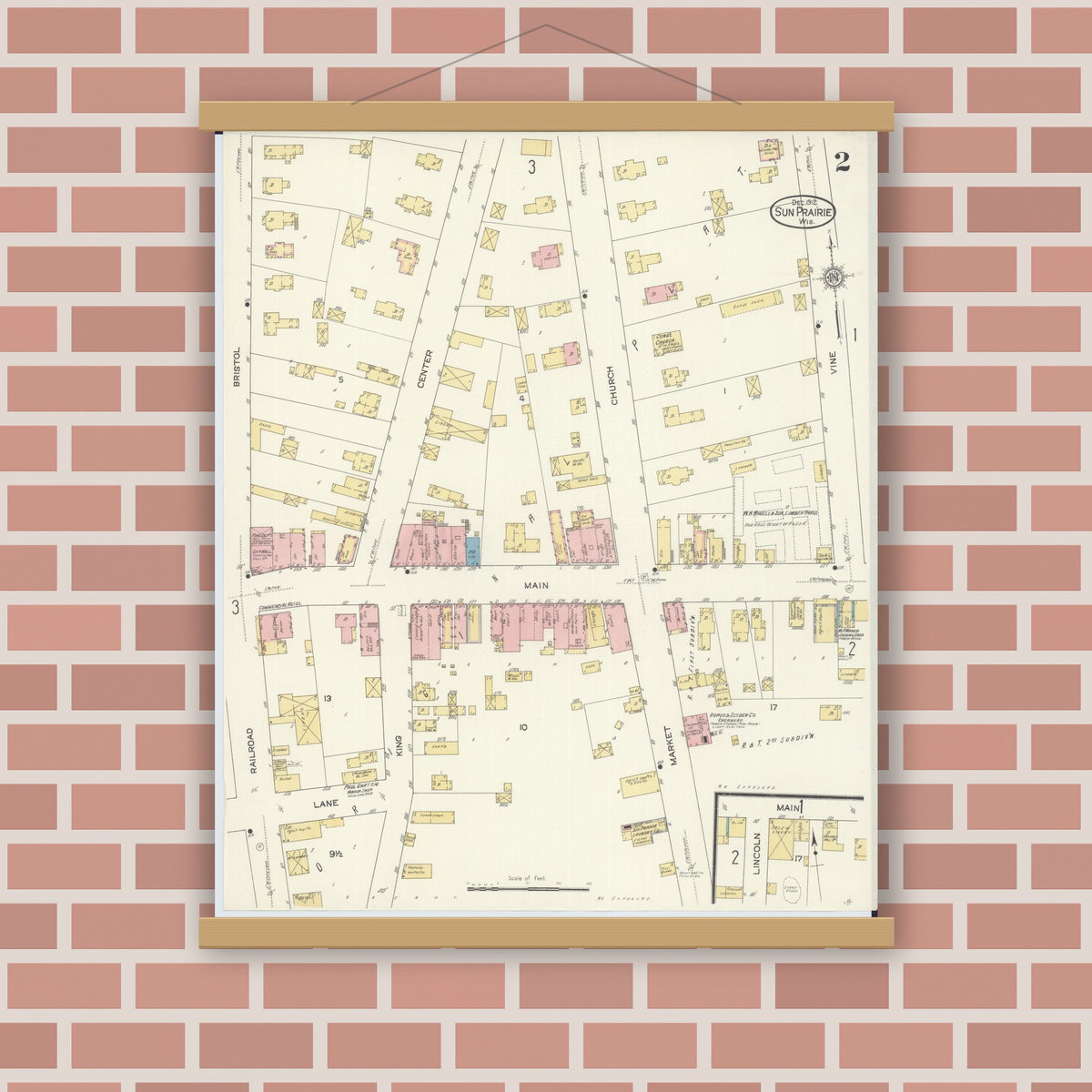 Old map wall art mockup — magnetic wood frame on brick wall — Sanborn Fire Insurance Map from Sun Prairie, Dane County, Wisconsin (1912), Sheet #0002