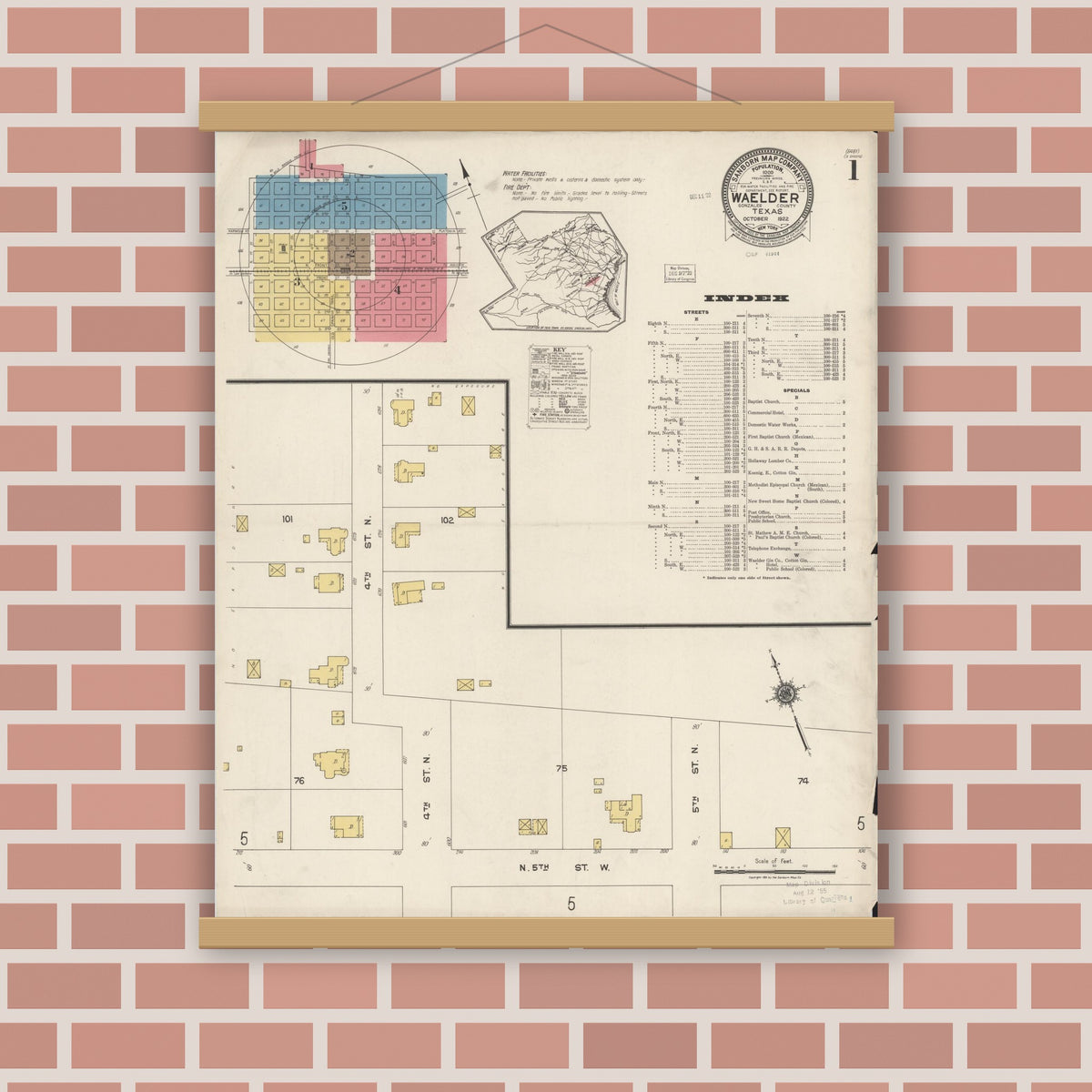Old map wall art mockup — magnetic wood frame on brick wall — Sanborn Fire Insurance Map from Waelder, Gonzales County, Texas (1922) - Complete Map Set