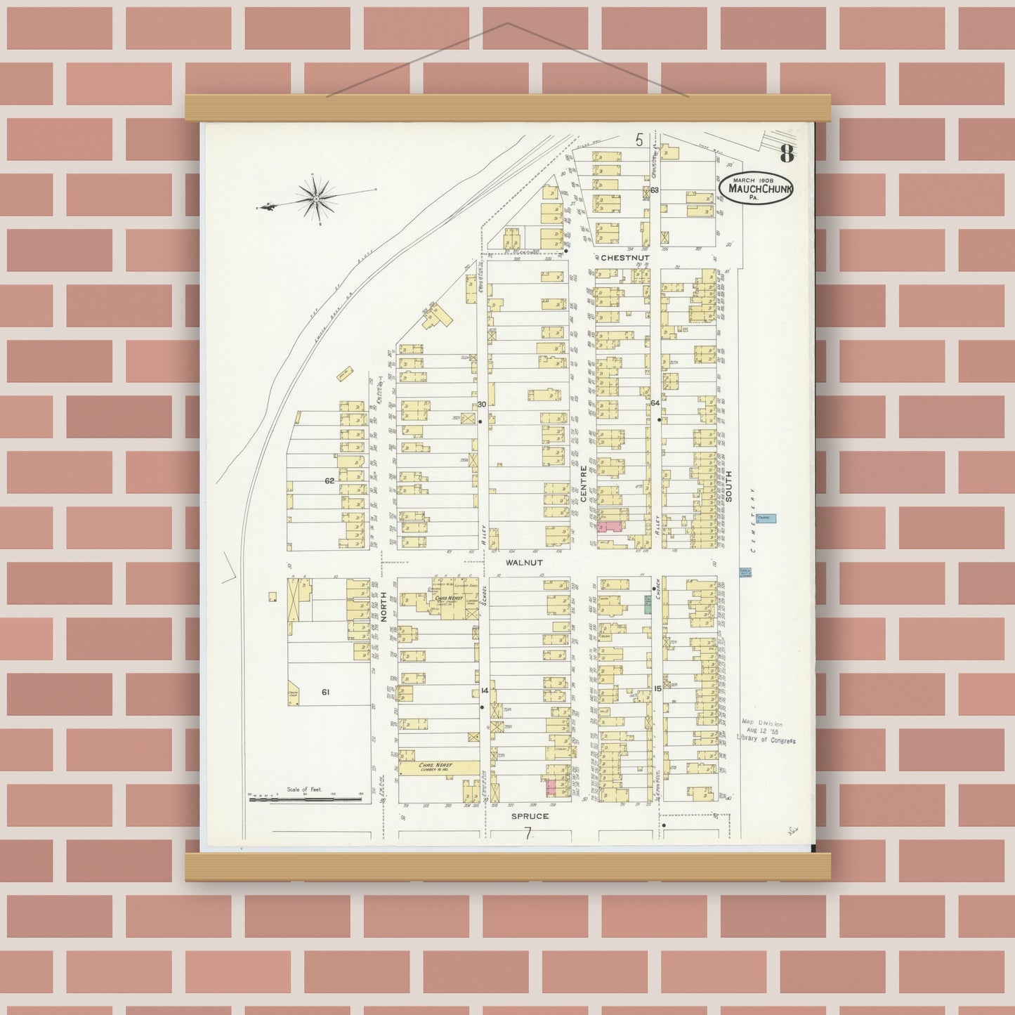 Old map wall art mockup — magnetic wood frame on brick wall — Sanborn Fire Insurance Map from Mauch Chunk, Carbon County, Pennsylvania (1908), Sheet #0008