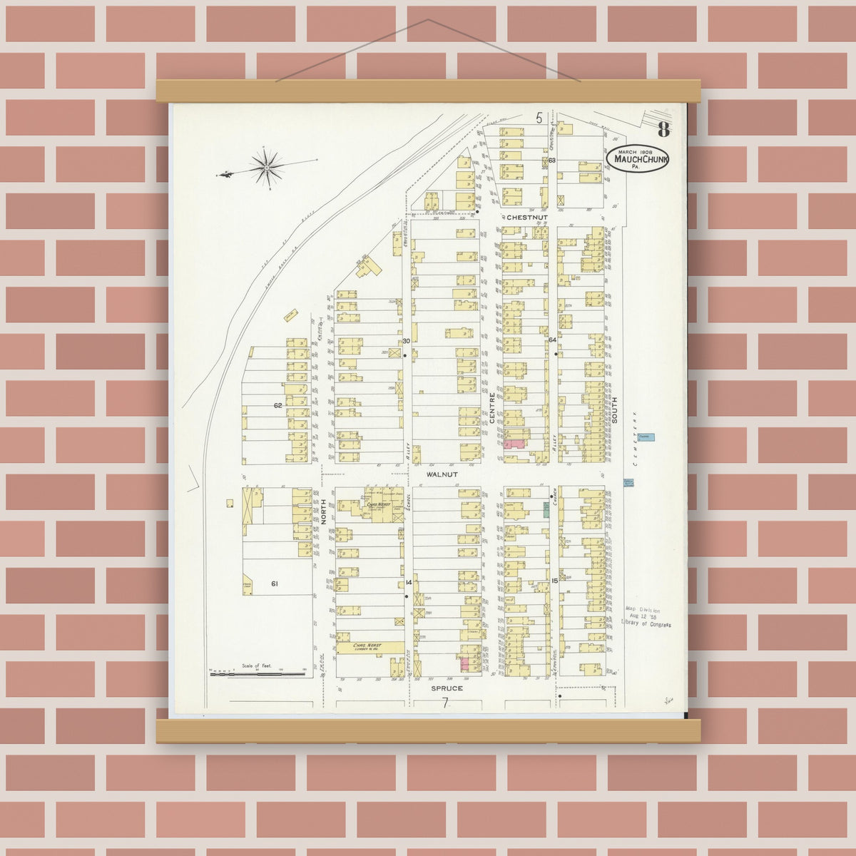 Old map wall art mockup — magnetic wood frame on brick wall — Sanborn Fire Insurance Map from Mauch Chunk, Carbon County, Pennsylvania (1908), Sheet #0008