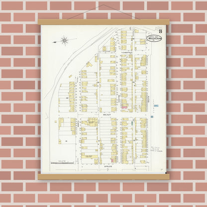 Old map wall art mockup — magnetic wood frame on brick wall — Sanborn Fire Insurance Map from Mauch Chunk, Carbon County, Pennsylvania (1908), Sheet #0008