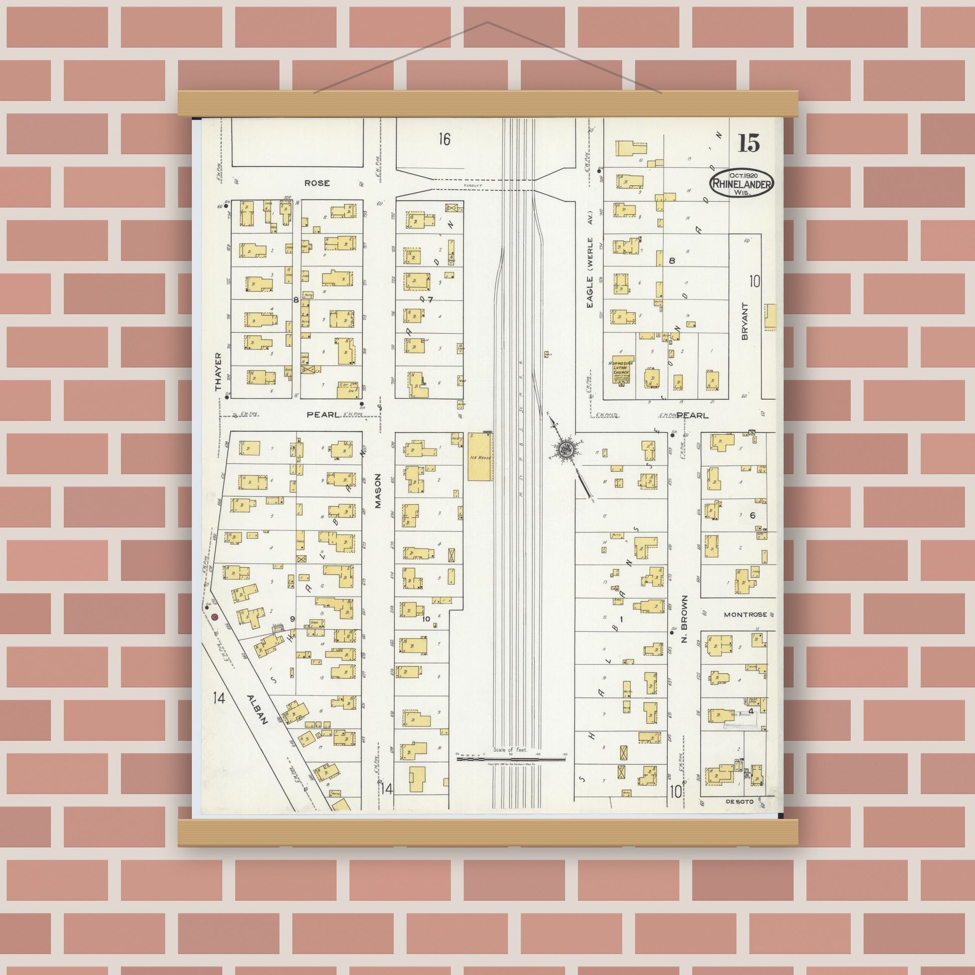 Old map wall art mockup — magnetic wood frame on brick wall — Sanborn Fire Insurance Map from Rhinelander, Oneida County, Wisconsin (1920), Sheet #0015